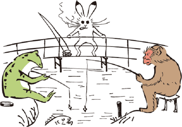 魚を釣り上げようとしている猿とカエルの様子を見ているウサギの図。漁夫の利をモチーフにしたもの